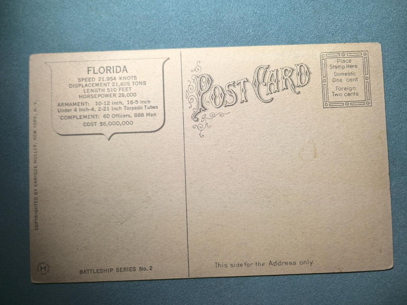 盛世勋华——号角文化勋章邮票专场拍卖第289期 美国二战时期军舰专题明信片 佛罗里达号战列舰