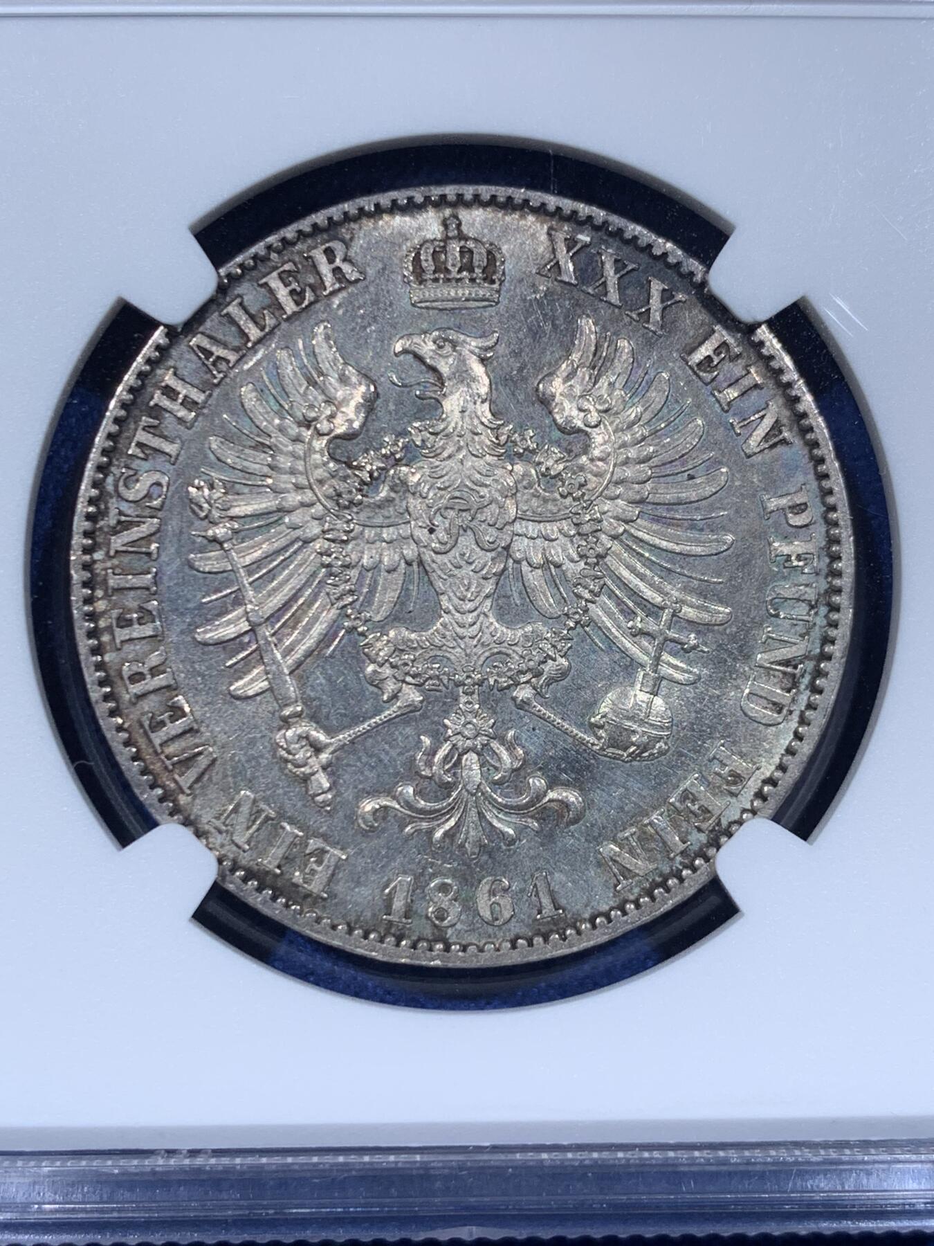 《竞宝斋》第442场 周日，周一，2场连拍 （全场包邮） NGC MS62 德国1861年普鲁士威廉四世一泰勒，小特年，威廉四世与威廉一世交接年份，远少于同品种其他年份发行量，仅发行10000枚，打制锋利，类镜面效果