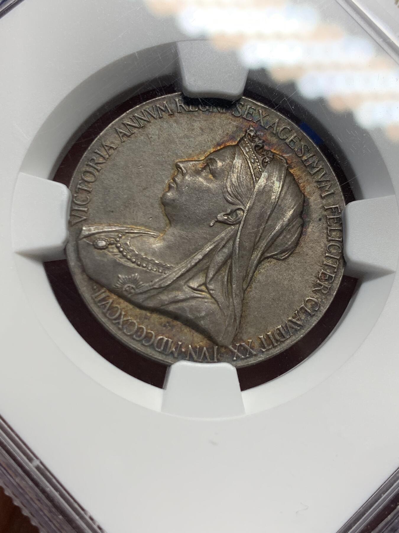 《竞宝斋》第442场 周日，周一，2场连拍 （全场包邮） NGC MS63 英国1897年维多利亚女王登基加冕60周年纪念银章