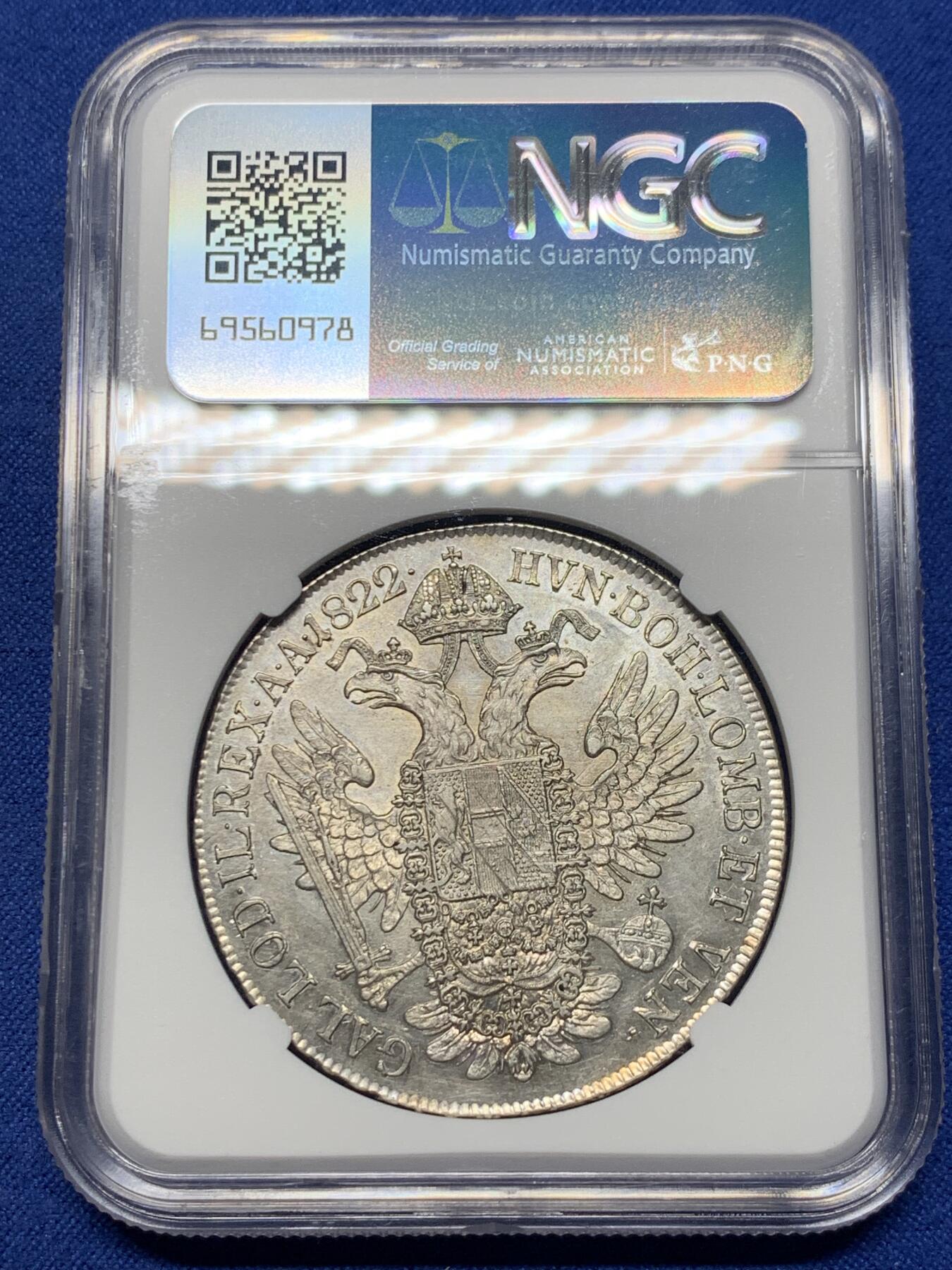 《竞宝斋》第442场 周日，周一，2场连拍 （全场包邮） 亚军分 NGC AU58 奥地利帝国 1822年 弗朗西斯一世 泰勒大银币 自然包浆 带些光 很舒服的状态