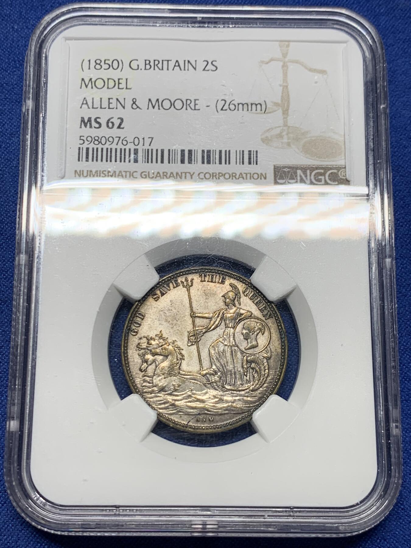 《竞宝斋》第442场 周日，周一，2场连拍 （全场包邮） NGC MS62 英国1850年代龙马2先令model，稀见品种，实际铸于1849年，与双色克朗同属一个系列，但远比双色系列更稀少。不列颠女神驾驭龙马，行于波涛之上
