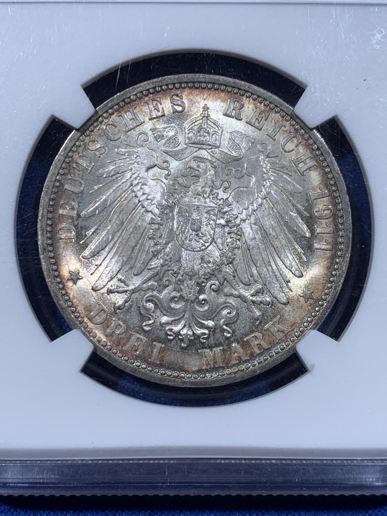 《竞宝斋》第442场 周日，周一，2场连拍 （全场包邮） NGC MS65 德国1911F符腾堡银婚3马克银币 顶级双面环彩 极致观感 可藏