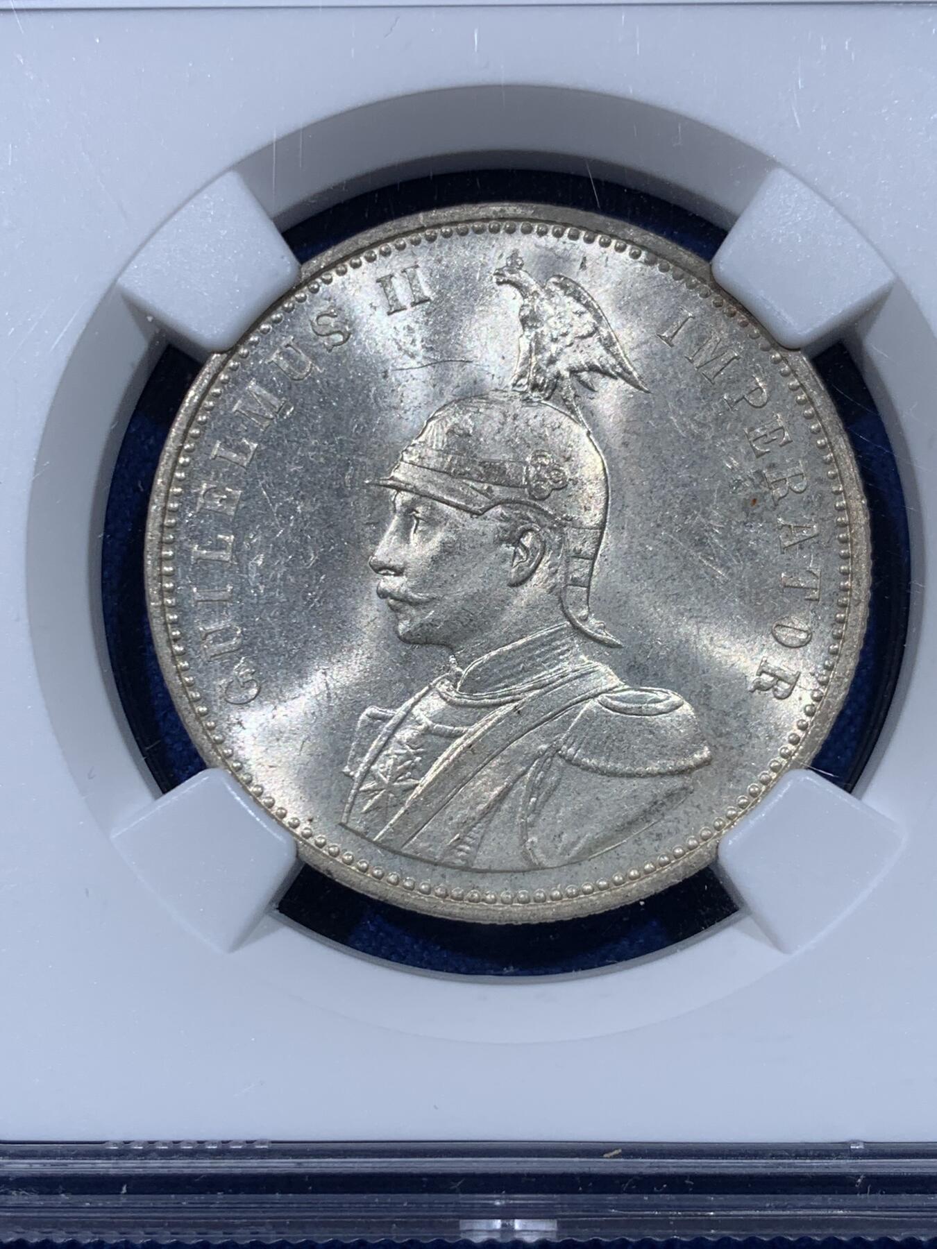 《竞宝斋》第442场 周日，周一，2场连拍 （全场包邮） NGC MS62 德属东非1910年J版威廉二世1卢比 少见年份 季军分 更高分仅5枚