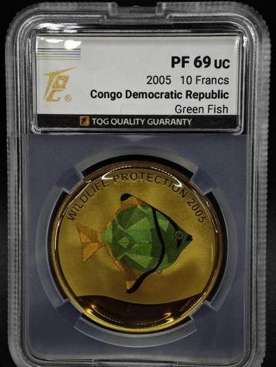 【淘币小摊】实时拍第八百零八拍   银币套币场   满百包邮可预留二周 每周一统一发货   - 2005年民主刚果10非洲法郎幻彩精制银币  野生动物保护-绿色神仙鱼 25克925银 发行量：5千 TQG PF69UC