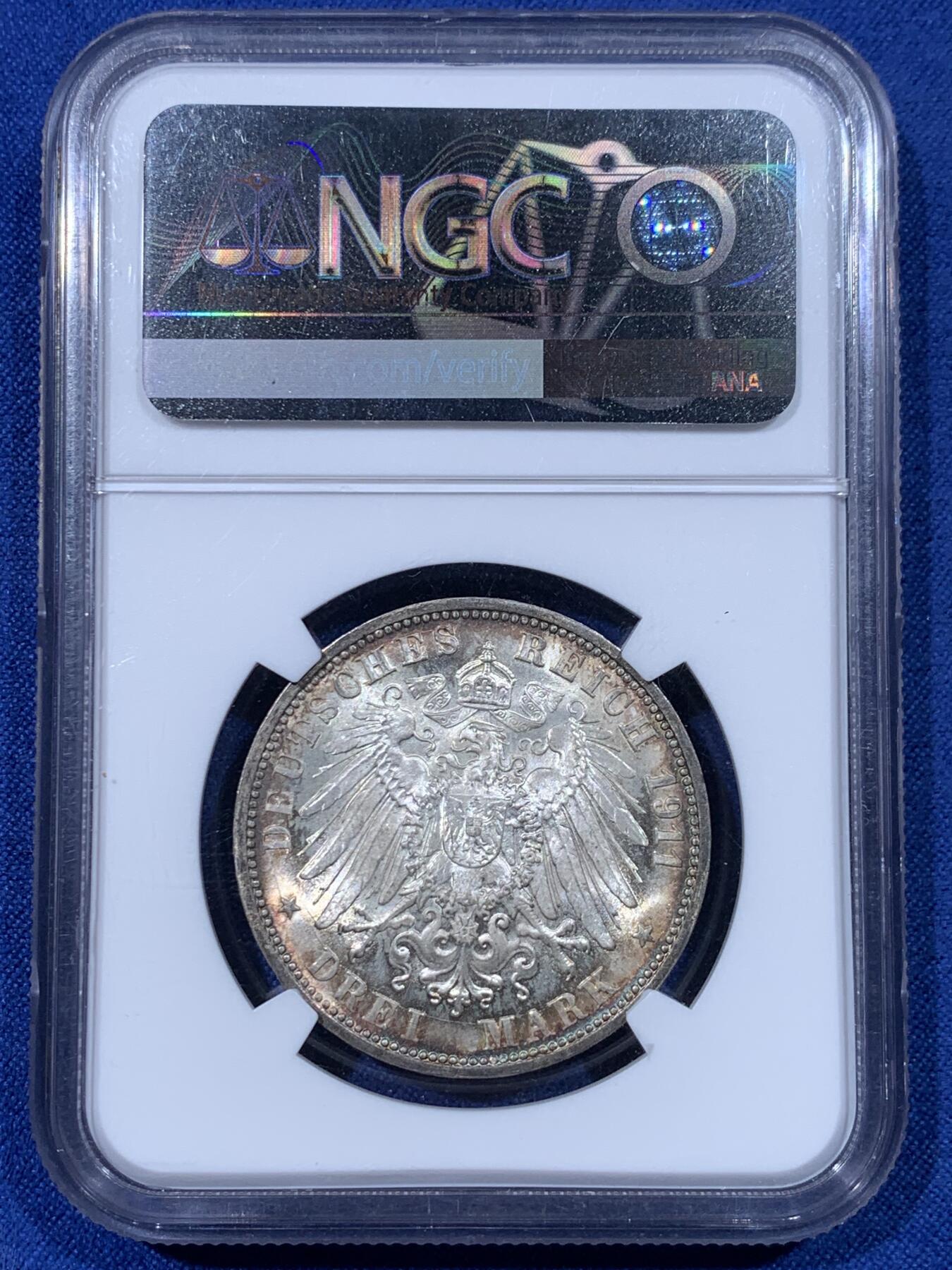 《竞宝斋》第442场 周日，周一，2场连拍 （全场包邮） NGC MS65 德国1911F符腾堡银婚3马克银币 顶级双面环彩 极致观感 可藏