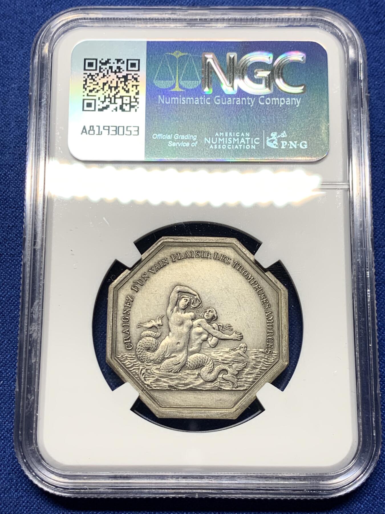 《竞宝斋》第442场 周日，周一，2场连拍 （全场包邮） NGC MS61 法国双面神海妖八角银质代币 丰饶角边铭 少见品种