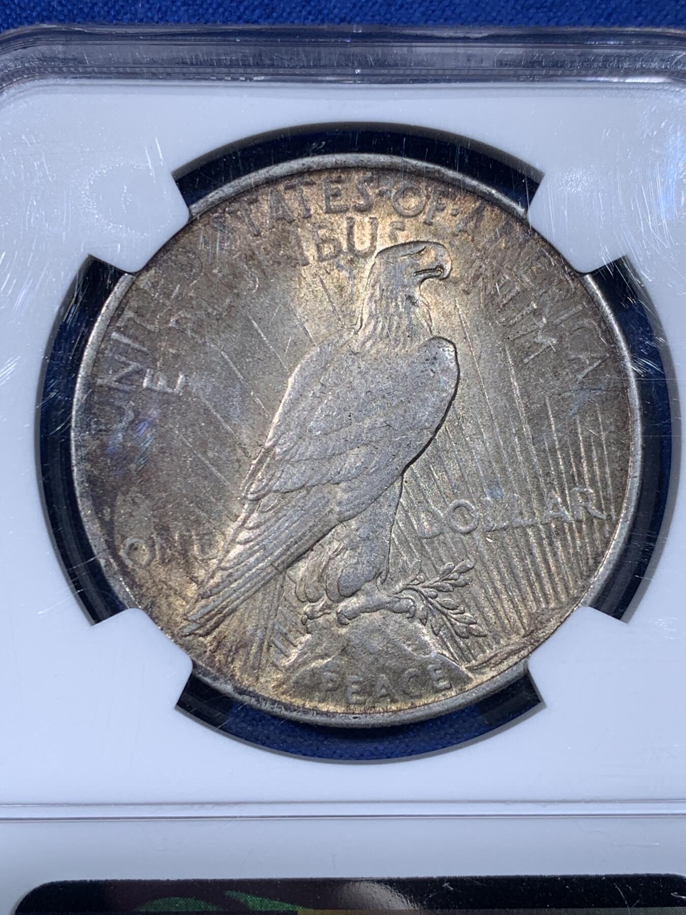 《竞宝斋》第442场 周日，周一，2场连拍 （全场包邮） NGC MS62 美国1923年和平银币 带车轮光 两面黄褐包浆 和平带彩非常少 只占所有年份和平银币的不到5%