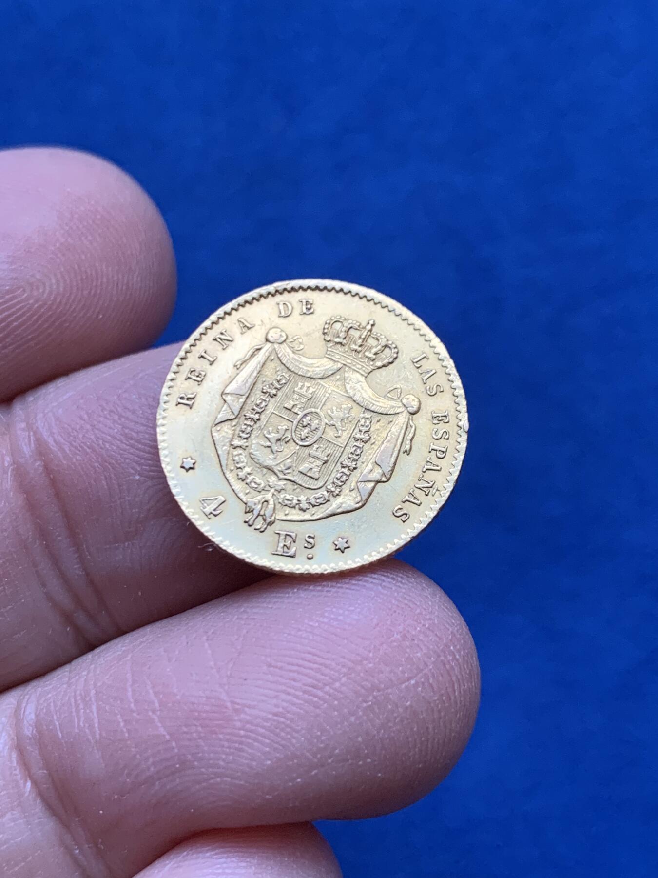 《竞宝斋》第442场 周日，周一，2场连拍 （全场包邮） 西班牙1866年伊莎贝拉二世4E金币 18mm 3.38g 875金