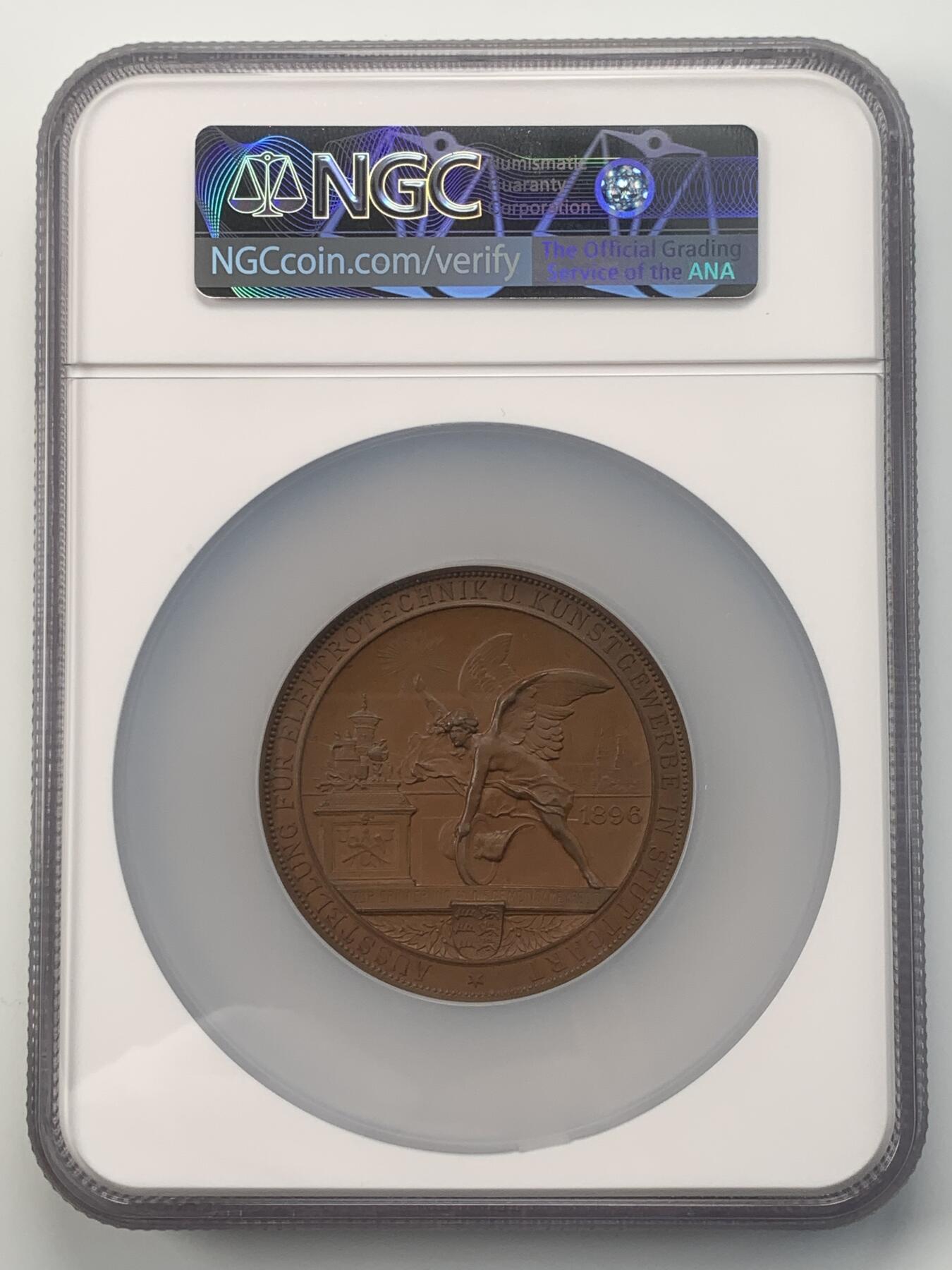 掌中浮雕-藏着的欧洲第043场 NGC MS65 : 1896年德国斯图加特电气工程和艺术展览会铜章，60mm，Mayer & Wilhelm出品
