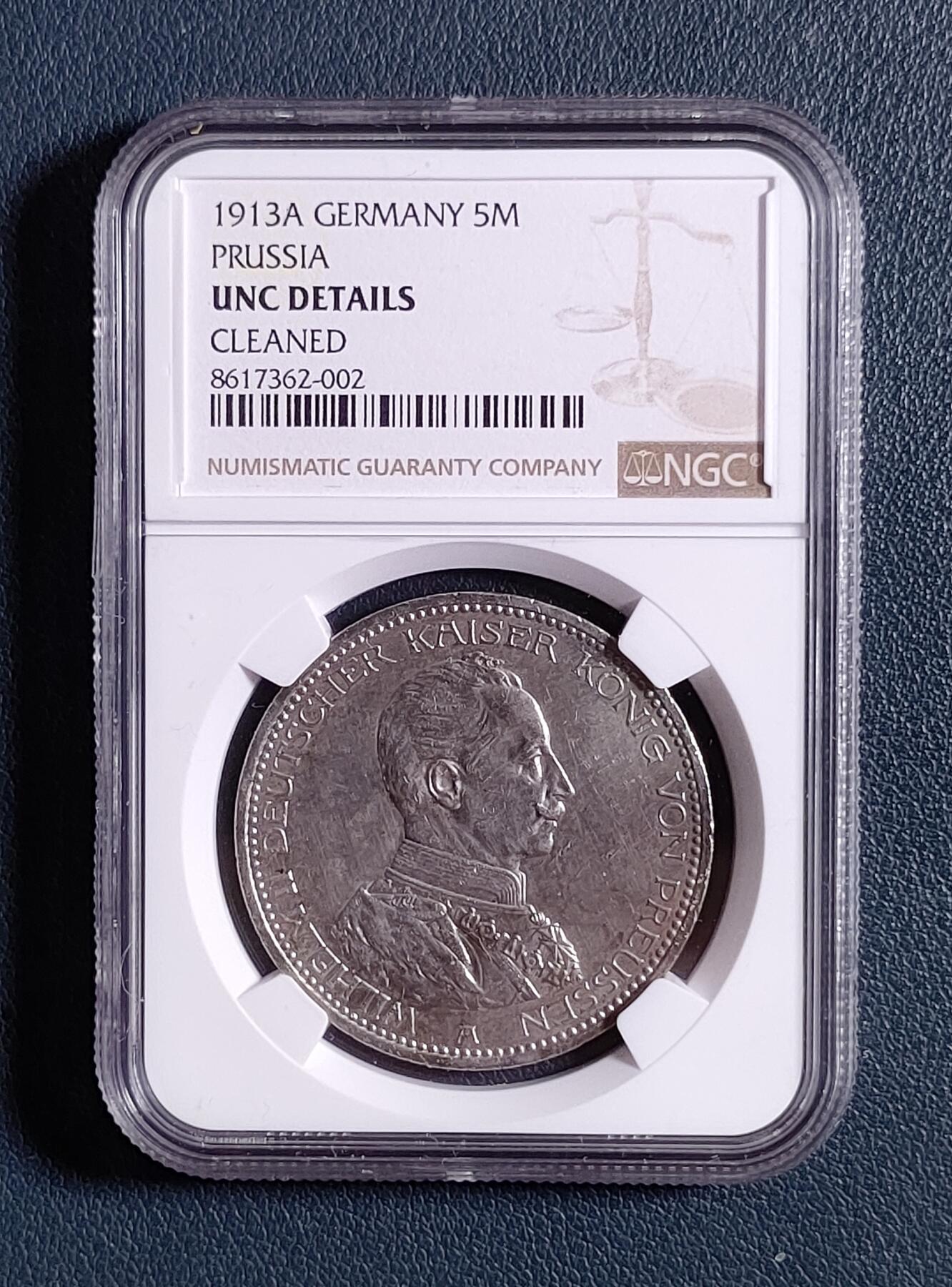 NGC UNC德国1913年A版普鲁士王国威廉二世（军装版）5马克银币