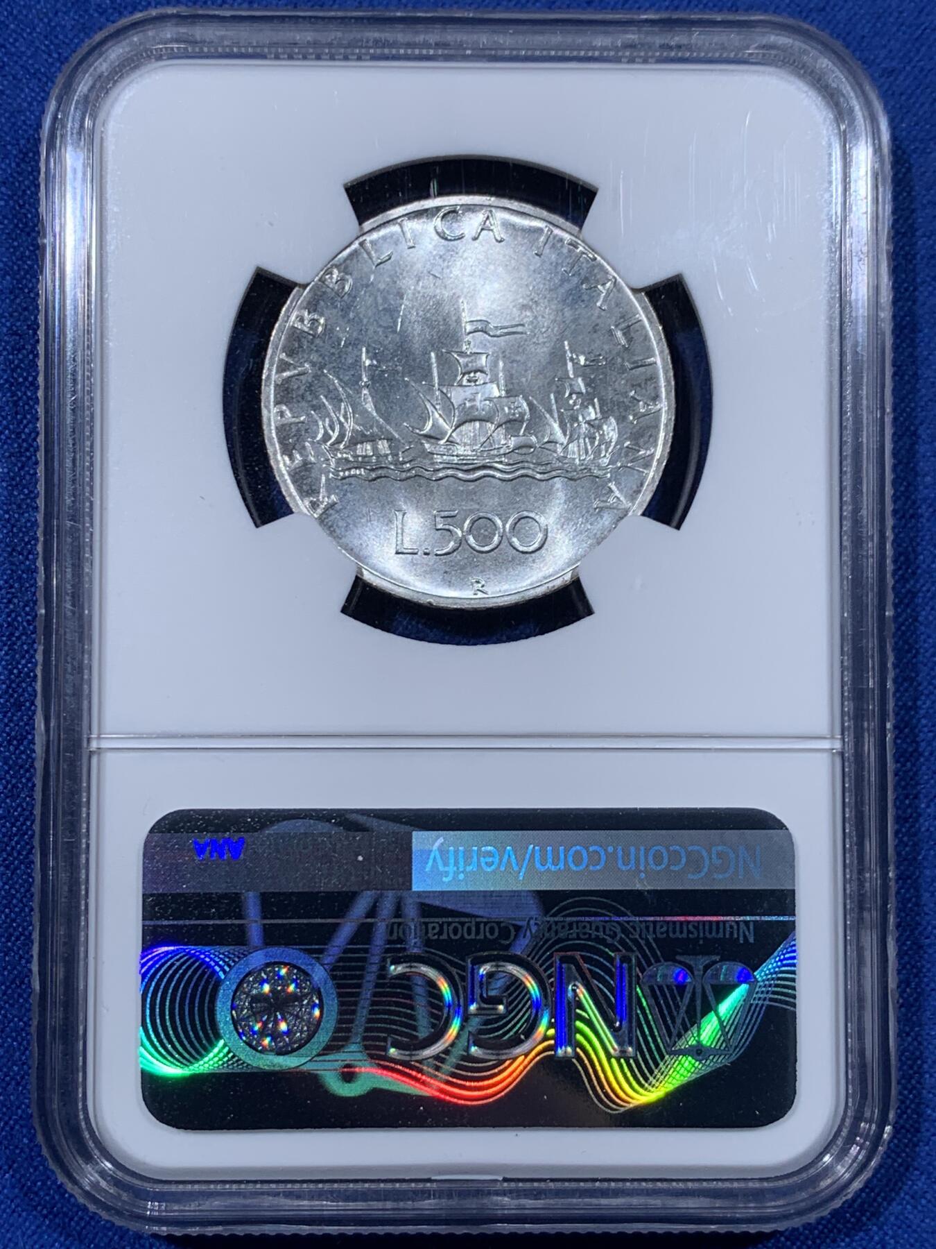 《竞宝斋》第442场 周日，周一，2场连拍 （全场包邮） NGC MS66 意大利1980年500里拉高分帆船少女银币