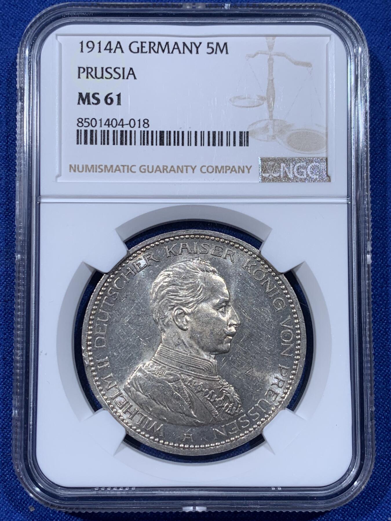 《竞宝斋》第442场 周日，周一，2场连拍 （全场包邮） NGC MS61 德国普鲁士1914年威廉一世军装5马克银币 光度不错 细节见图