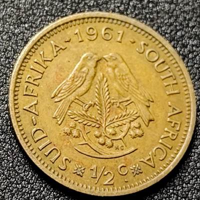 泉币菌-第138场-精品福利场（之前场次29日、30日发货，敬请谅解） - 麻雀 1961年 南非1/2分黄铜币 开拓者里贝克 25.5毫米 5.6克