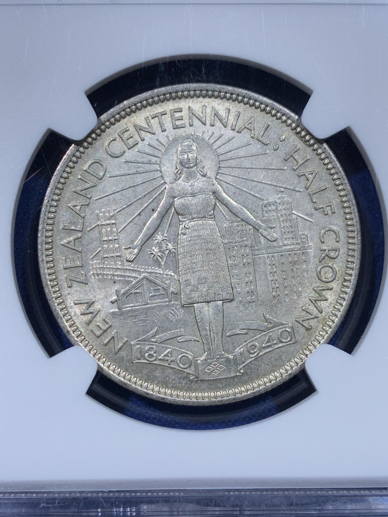 《竞宝斋》第442场 周日，周一，2场连拍 （全场包邮） NGC MS62 新西兰1940年百年纪念半克朗银币，少见品种