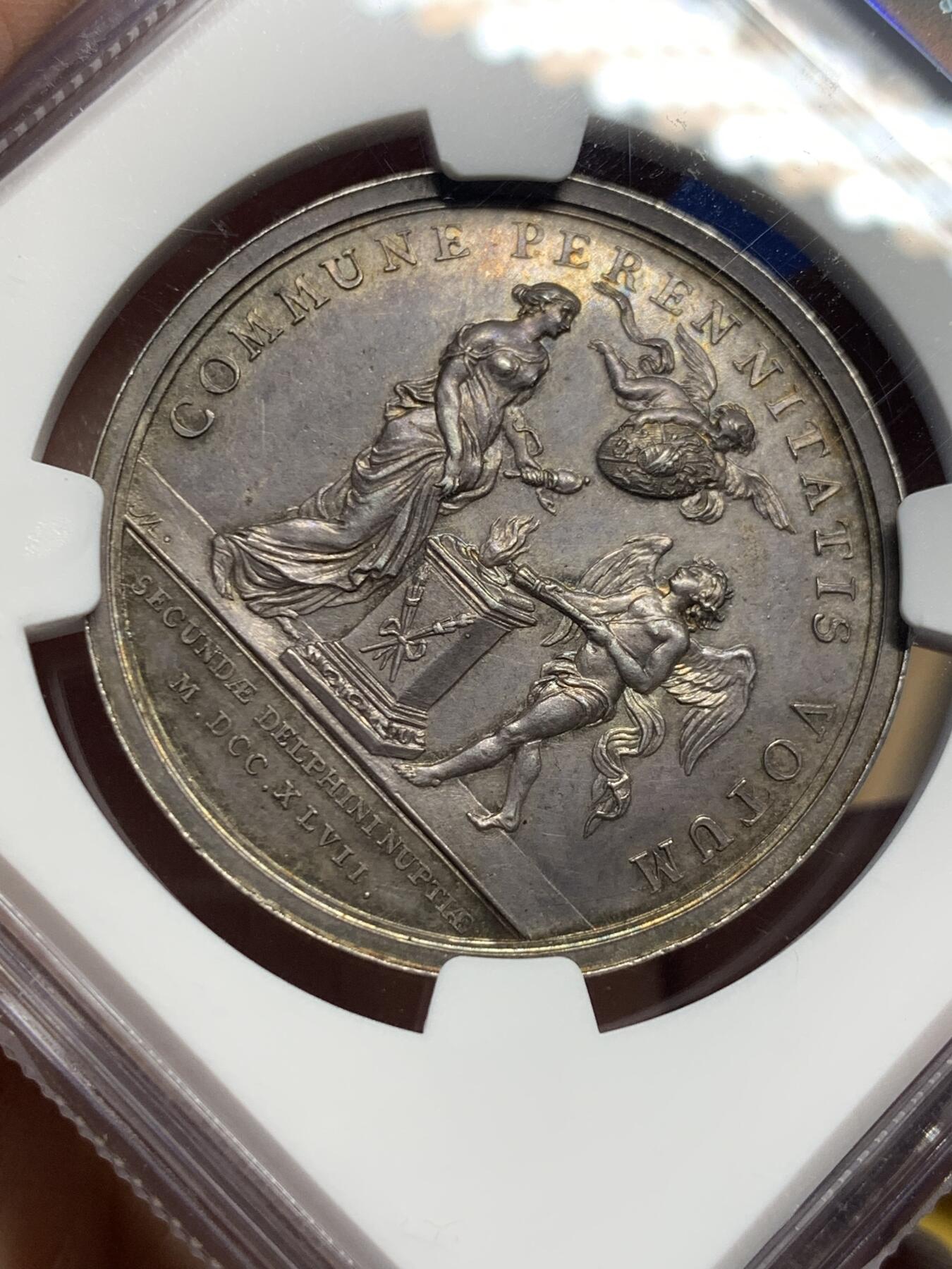 《竞宝斋》第442场 周日，周一，2场连拍 （全场包邮） NGC MS62 法国 1747年 路易十五 婚礼银章 高点清晰 这个品相着实少见