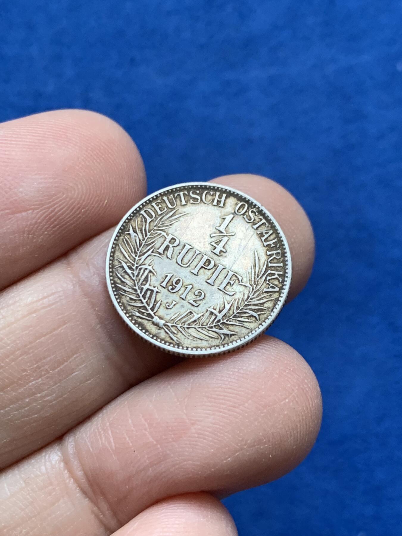 《竞宝斋》第442场 周日，周一，2场连拍 （全场包邮） 德属东非1912年1/4卢比银币 整体好品 细节见图