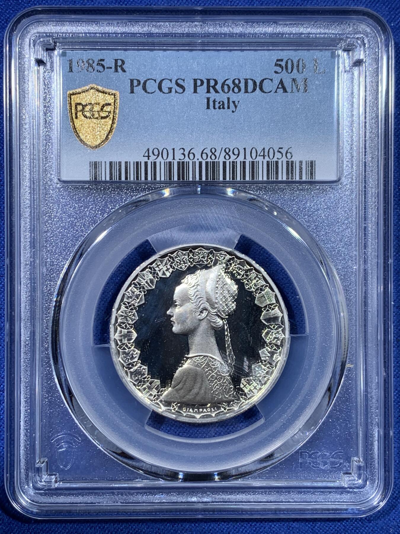 《竞宝斋》第442场 周日，周一，2场连拍 （全场包邮） 亚军分 PCGS PR68DCAM 意大利 1985年 帆船少女 精制500里拉银币 首年发行的精制 镜面光十足