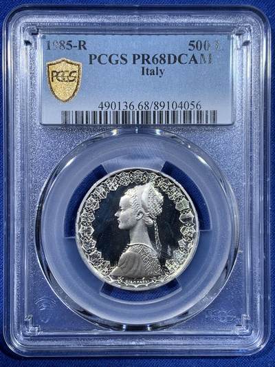 《竞宝斋》第442场 周日，周一，2场连拍 （全场包邮） - 亚军分 PCGS PR68DCAM 意大利 1985年 帆船少女 精制500里拉银币 首年发行的精制 镜面光十足