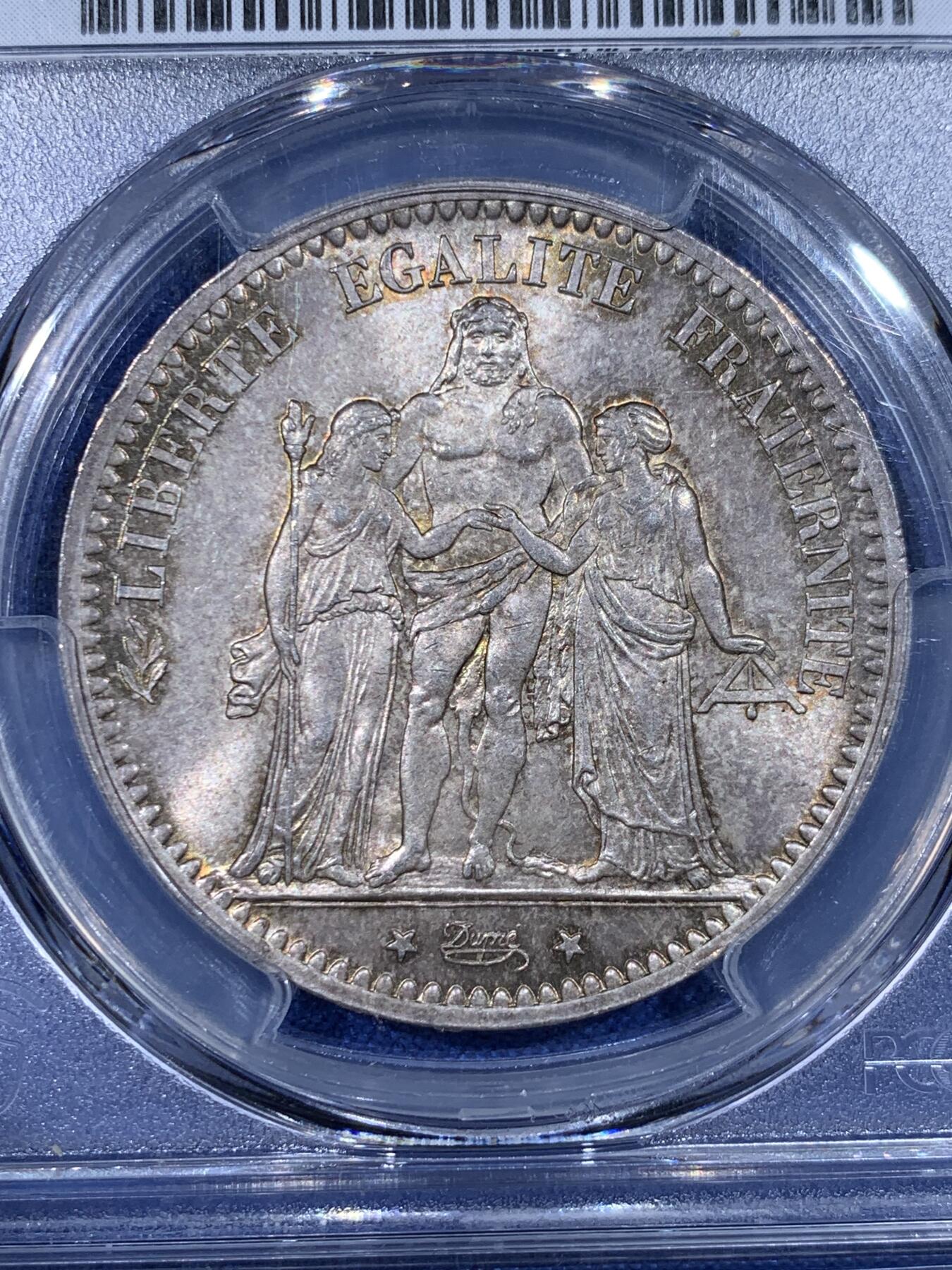 《竞宝斋》第442场 周日，周一，2场连拍 （全场包邮） PCGS MS66 原光金彩法国1873年大力神5法郎银币，高分少见