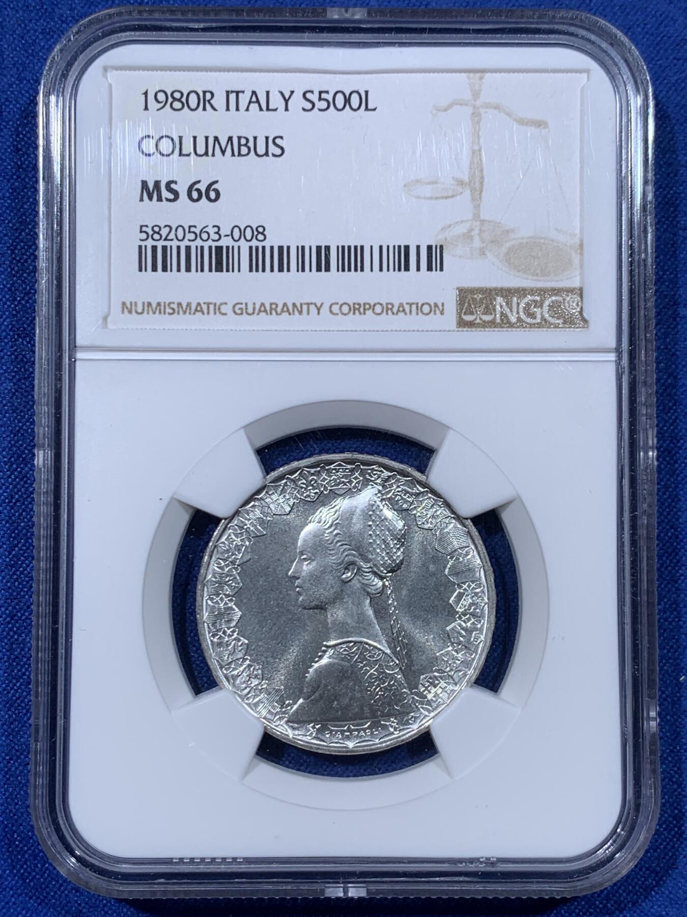 《竞宝斋》第442场 周日，周一，2场连拍 （全场包邮） NGC MS66 意大利1980年500里拉高分帆船少女银币