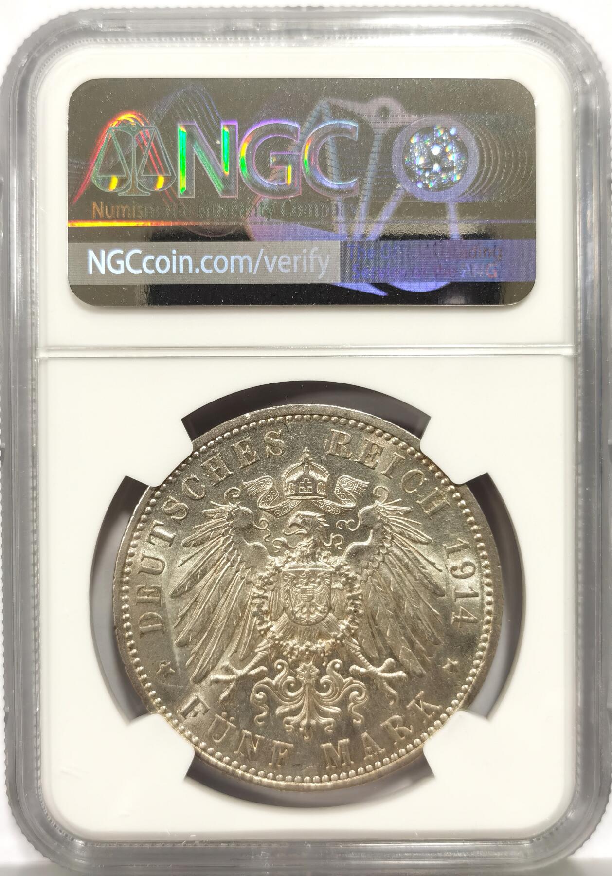 博洋堂世界钱币拍卖第149期（全场包邮） NGC UNC 德国普鲁士1914年威廉二世军装5马克银币
