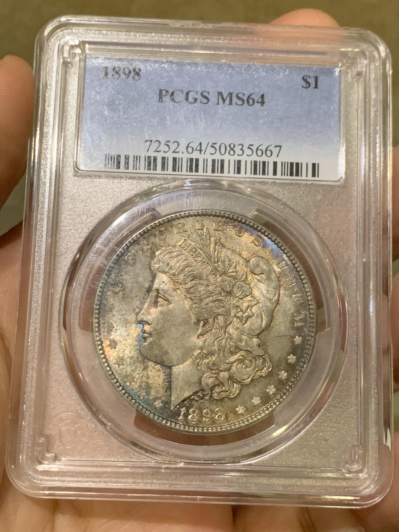 《竞宝斋》第442场 周日，周一，2场连拍 （全场包邮） PCGS MS64 美国 1898年摩根银币 单面幻彩 市场上比较少见的年份