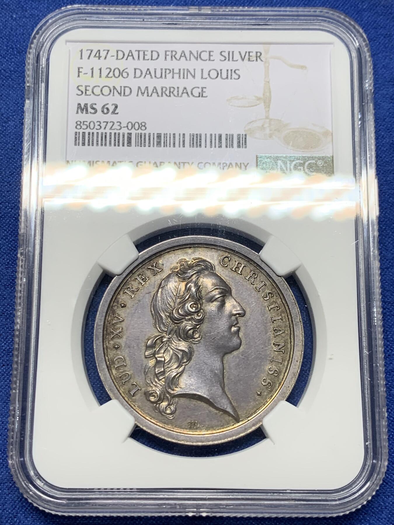《竞宝斋》第442场 周日，周一，2场连拍 （全场包邮） NGC MS62 法国 1747年 路易十五 婚礼银章 高点清晰 这个品相着实少见