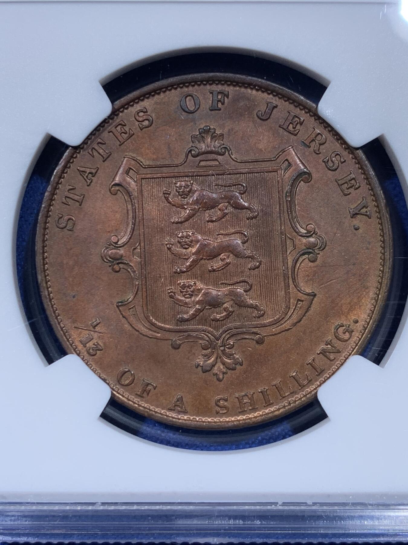 《竞宝斋》第442场 周日，周一，2场连拍 （全场包邮） NGC MS62BN 英属泽西1851年1/13先令大铜币，比英国本土1便士要少的多，少见品相，少见年份