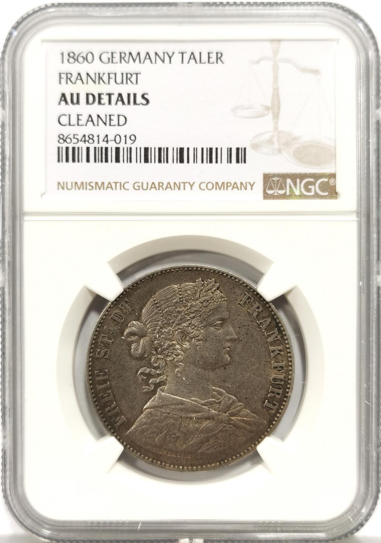 博洋堂世界钱币拍卖第149期（全场包邮） NGC AU 德国法兰克福1860年少女1泰勒银币