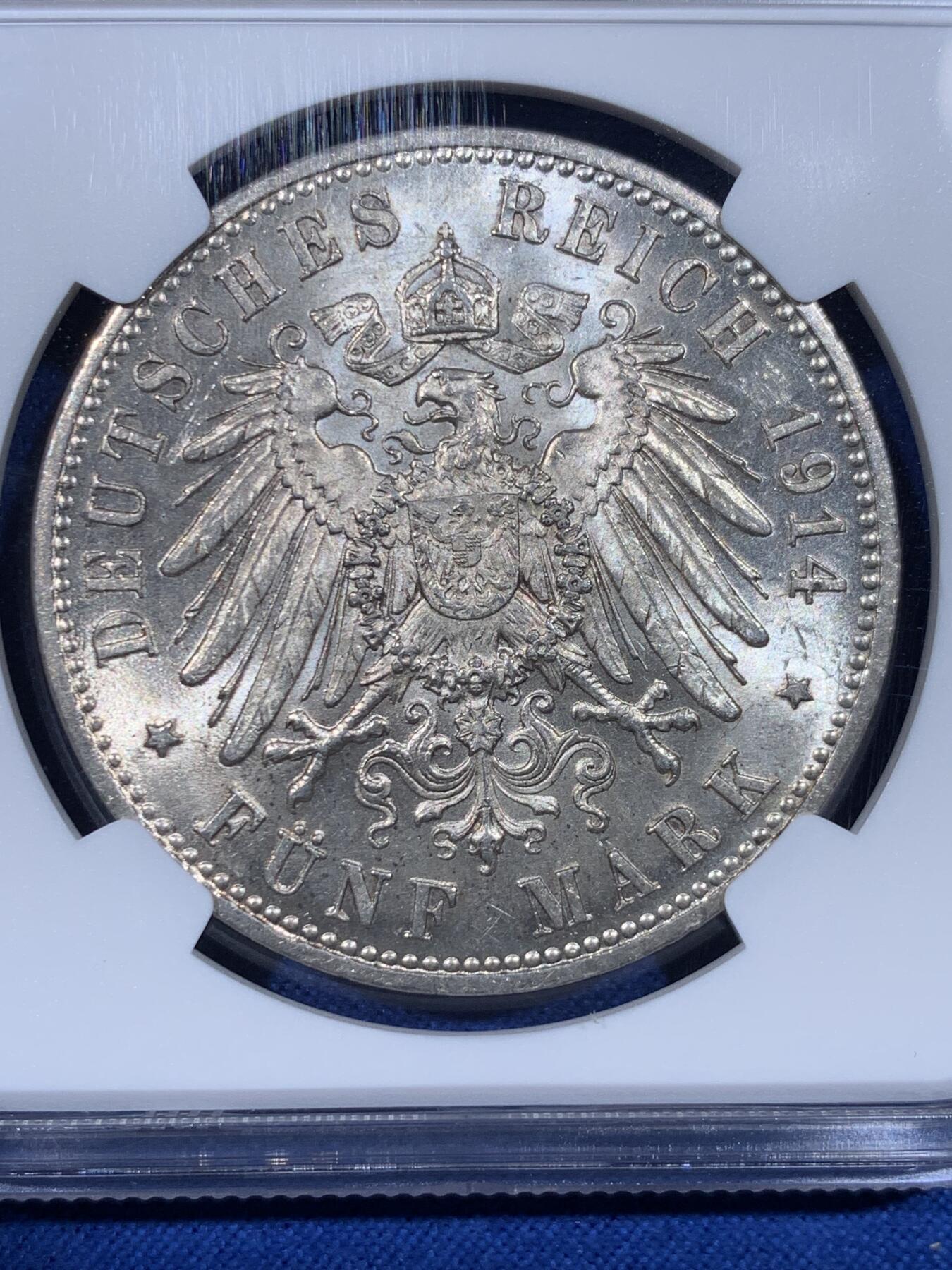 《竞宝斋》第442场 周日，周一，2场连拍 （全场包邮） NGC MS61 德国普鲁士1914年威廉一世军装5马克银币 光度不错 细节见图