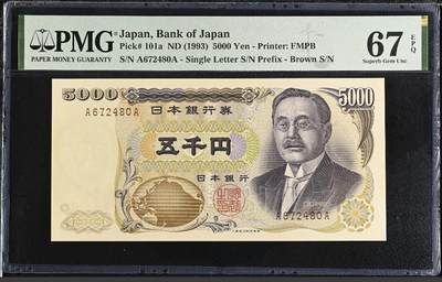 世界钱币～微拍第217期暨2025年第57期  近日新到货品少量 以及老库存一些 - 1993年日本5000元新渡户稻造 AA冠大藏褐 PMG67E 尾号480