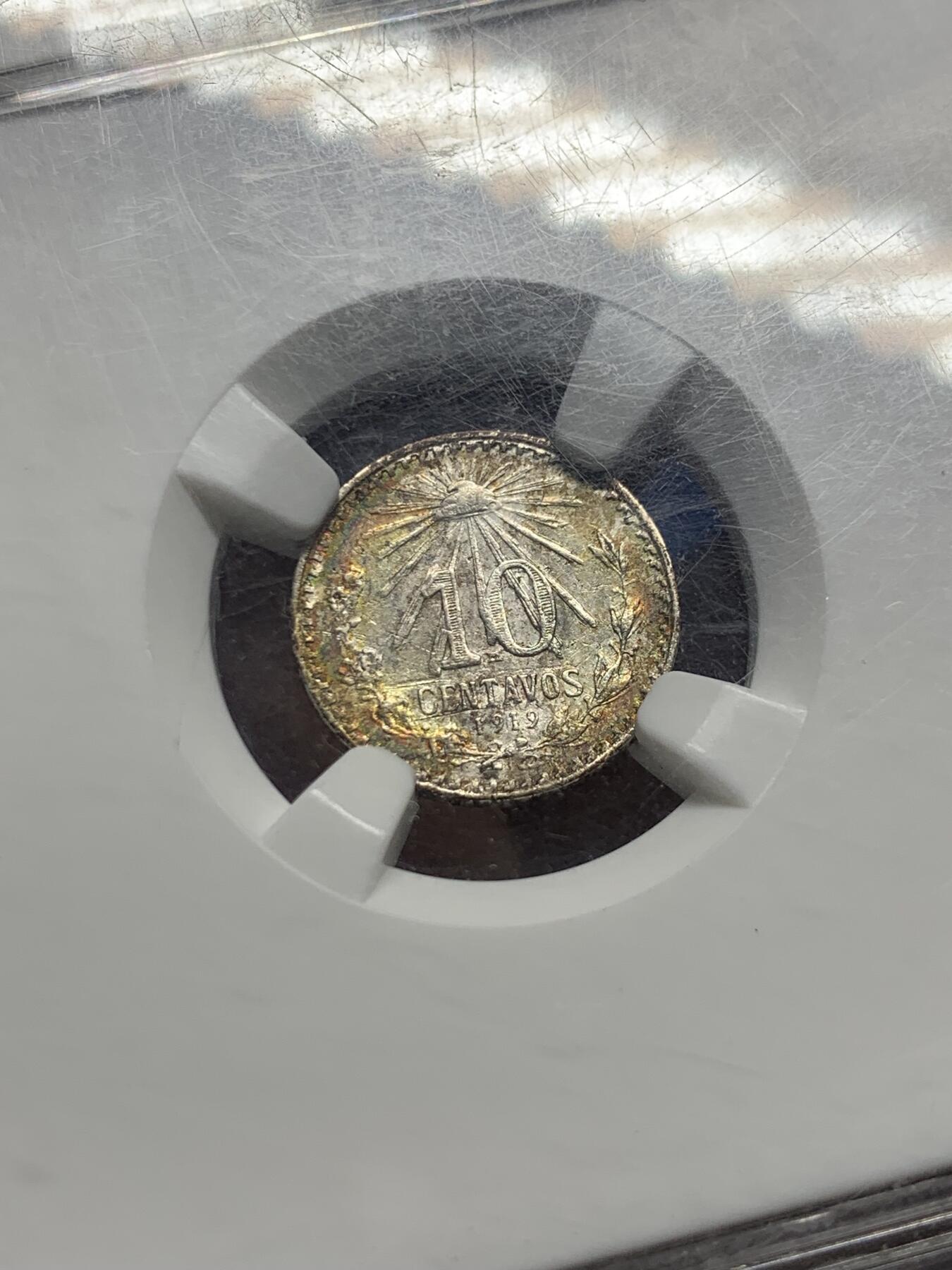 《竞宝斋》第442场 周日，周一，2场连拍 （全场包邮） NGC XFD 墨西哥1919年10分银币 淡淡银光 NGC早期紫色评级标签