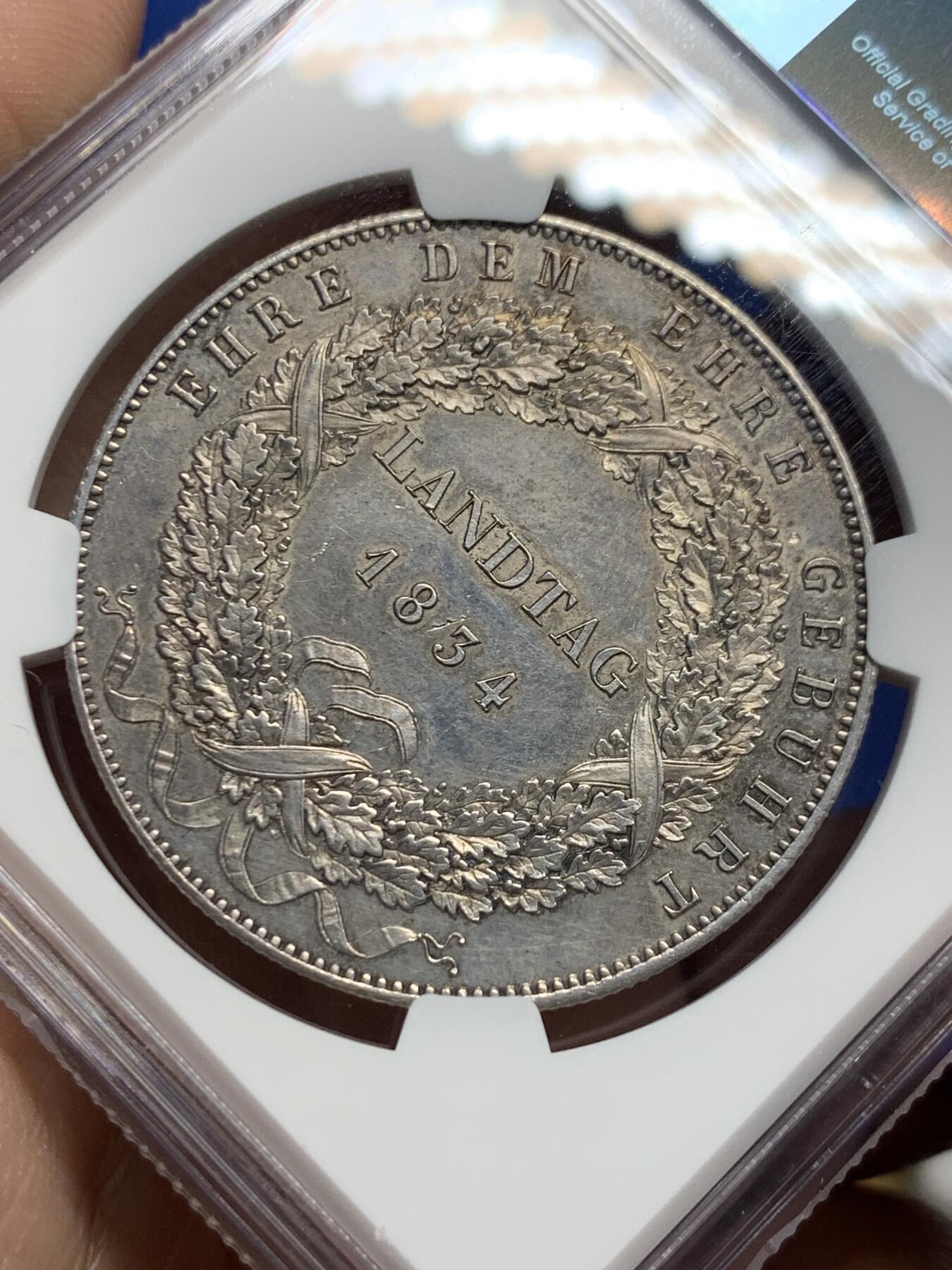 《竞宝斋》第442场 周日，周一，2场连拍 （全场包邮） NGC UNC 1834年德国巴伐利亚路德维希一世纪念历史学家大泰勒银币 感觉可以养养再冲击下评级