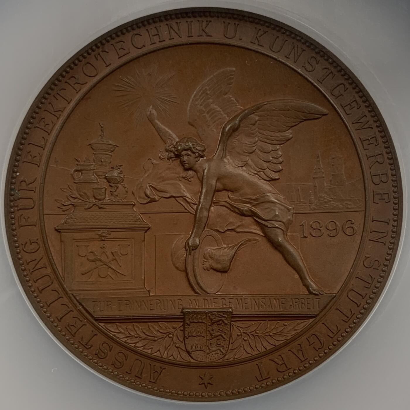 掌中浮雕-藏着的欧洲第043场 NGC MS65 : 1896年德国斯图加特电气工程和艺术展览会铜章，60mm，Mayer & Wilhelm出品