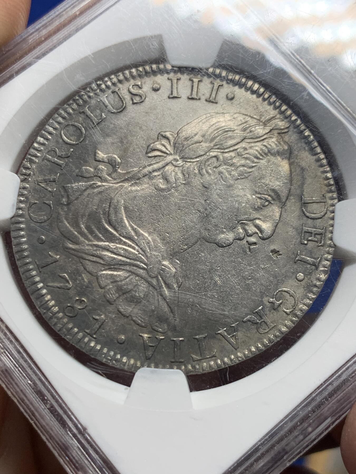 《竞宝斋》第442场 周日，周一，2场连拍 （全场包邮） NGC AUD 墨西哥 1781年 卡洛斯三世 8R大银币，au品相 米粒小戳，打制不错，细节见图。