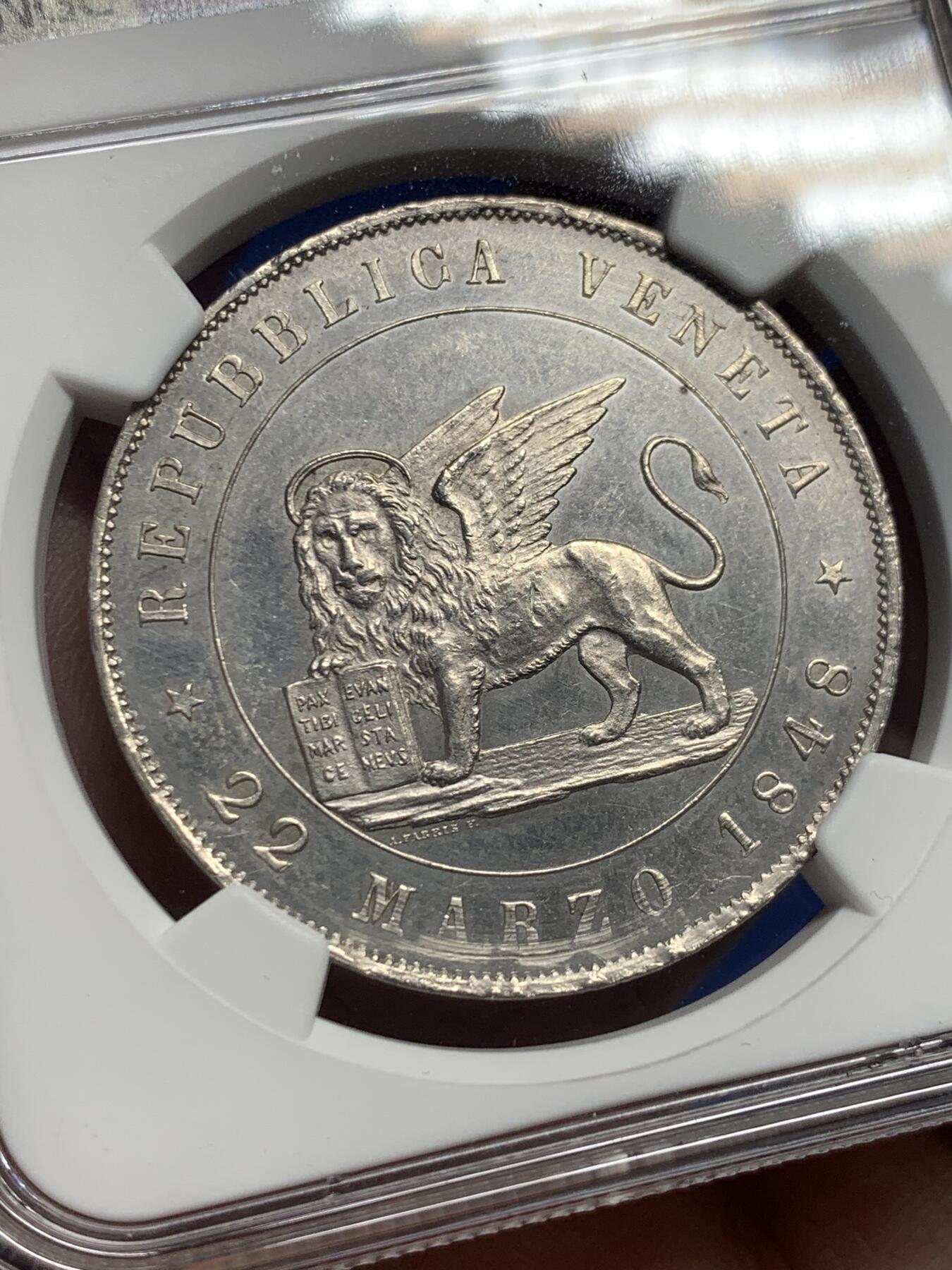 《竞宝斋》第442场 周日，周一，2场连拍 （全场包邮） NGC UNC 意大利 1848年 威尼斯革命临时政府飞狮5里拉 大银币 1.1W枚的发行量 性价比之选