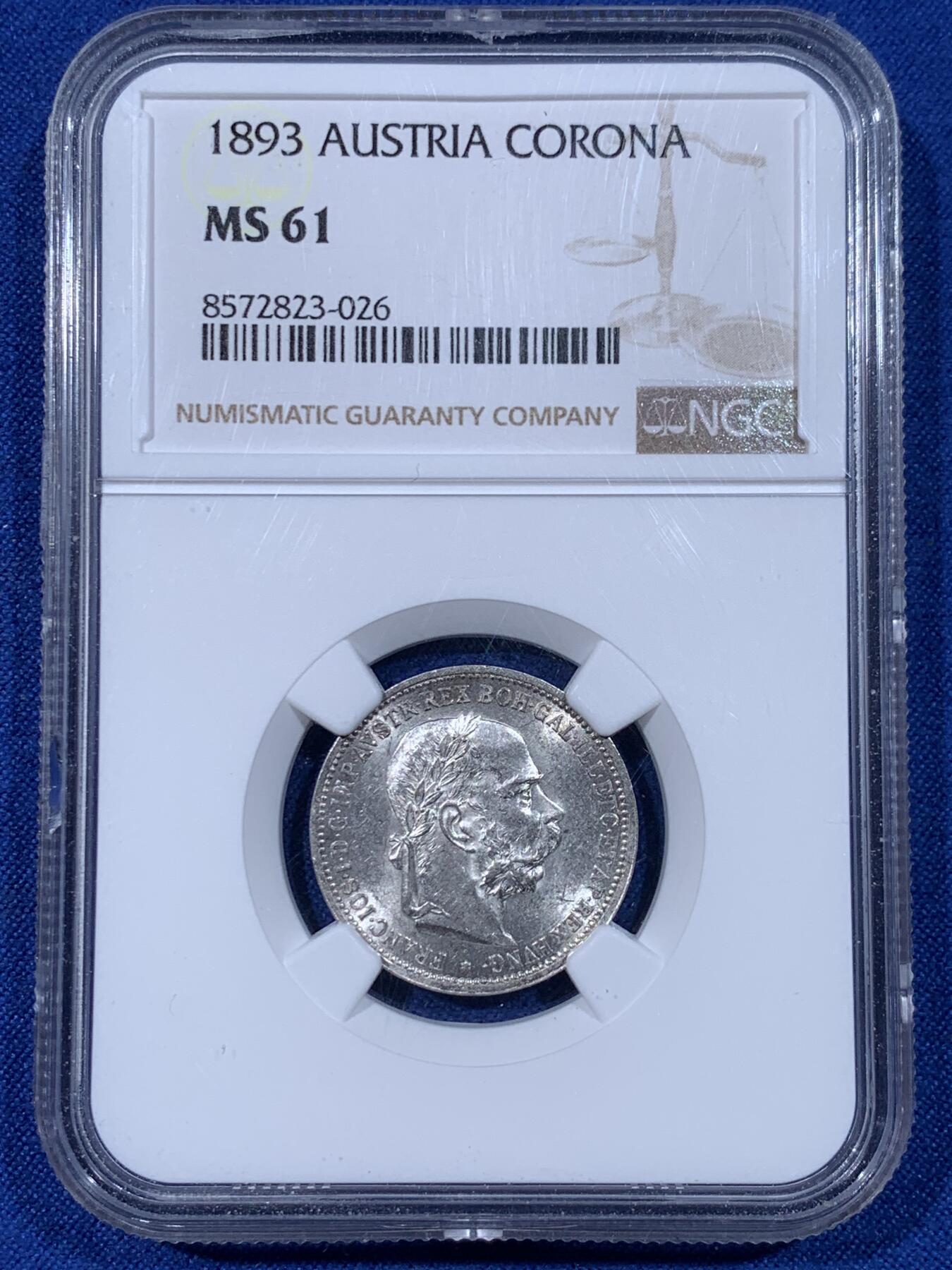 《竞宝斋》第442场 周日，周一，2场连拍 （全场包邮） NGC MS61 奥地利1893年1克朗银币 首年克朗 桂冠头像 不是烂大街的191x年秃头版 原光漂亮