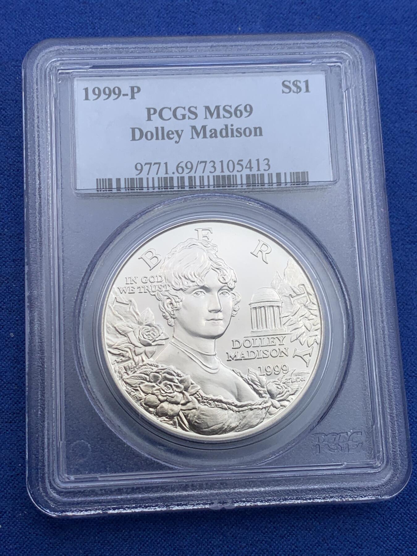 《竞宝斋》第442场 周日，周一，2场连拍 （全场包邮） PCGS MS69 美国1999年P版总统夫人1美元大银币 发行量不到9万枚