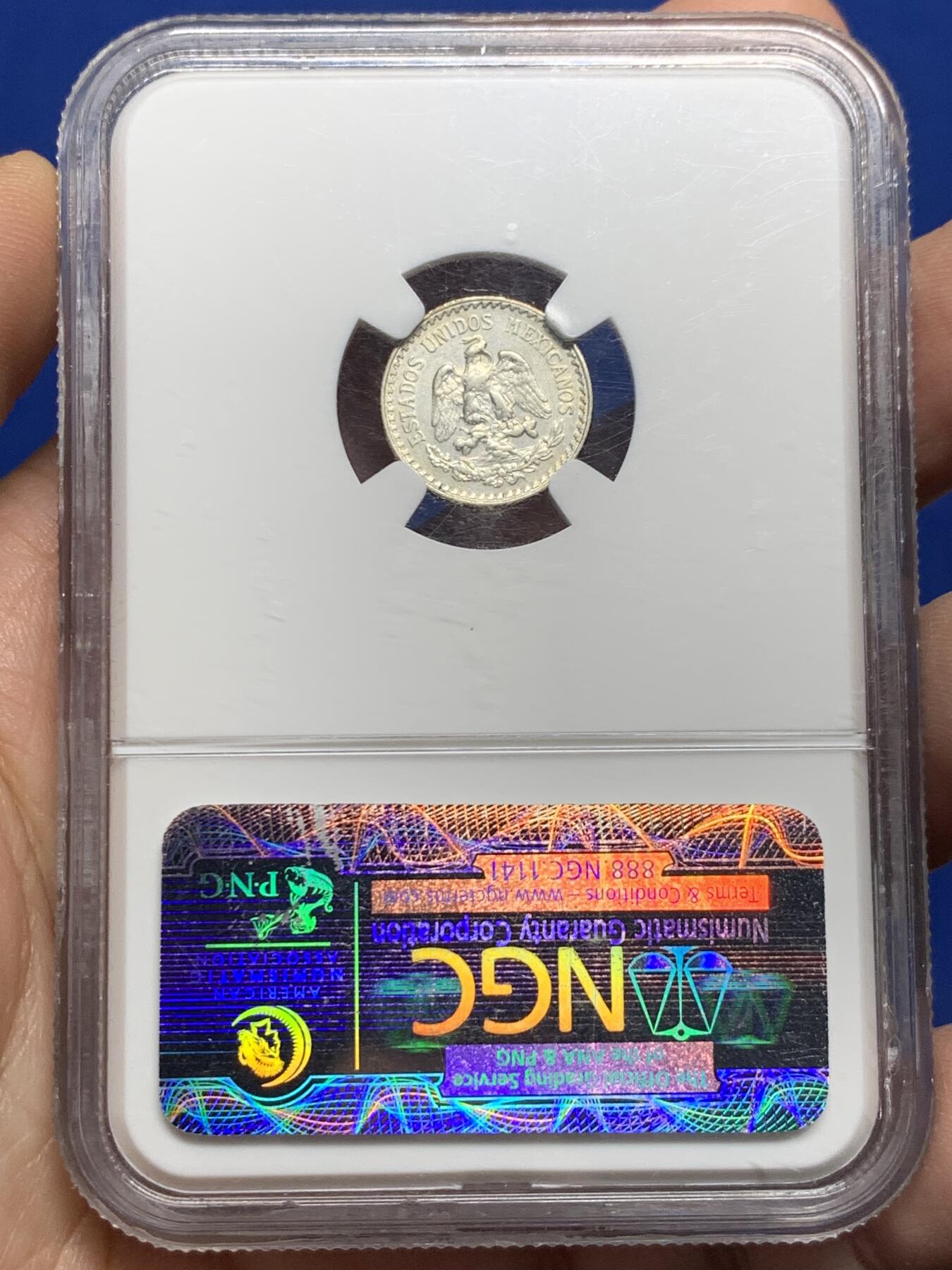 《竞宝斋》第442场 周日，周一，2场连拍 （全场包邮） NGC XFD 墨西哥1919年10分银币 淡淡银光 NGC早期紫色评级标签