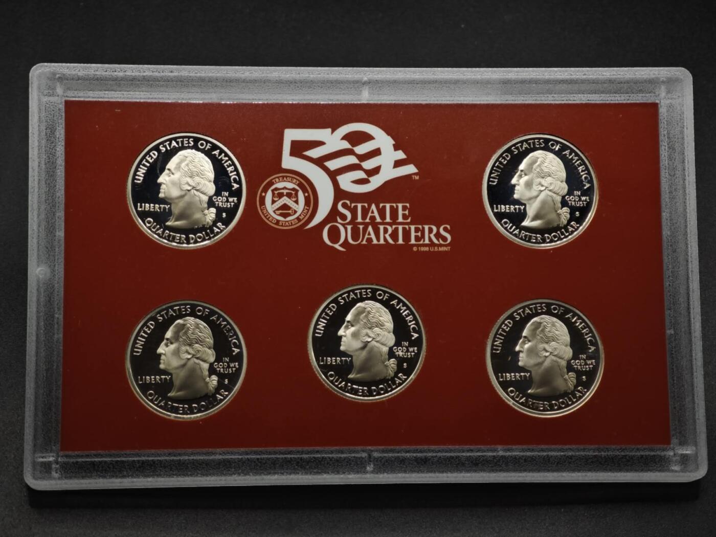 【淘币小摊】实时拍第八百零八拍   银币套币场   满百包邮可预留二周 每周一统一发货   美国2004年州币纪念精制银币5枚套每枚6.25克900银 银价321