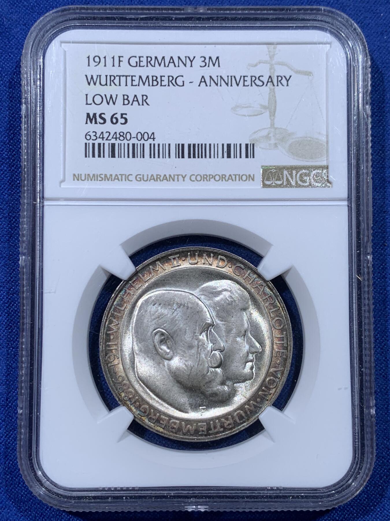 《竞宝斋》第442场 周日，周一，2场连拍 （全场包邮） NGC MS65 德国1911F符腾堡银婚3马克银币 顶级双面环彩 极致观感 可藏