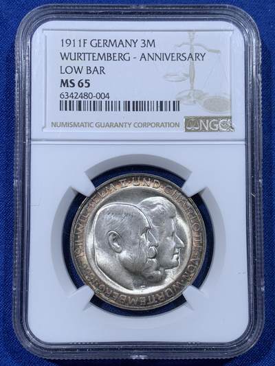 《竞宝斋》第442场 周日，周一，2场连拍 （全场包邮） - NGC MS65 德国1911F符腾堡银婚3马克银币 顶级双面环彩 极致观感 可藏