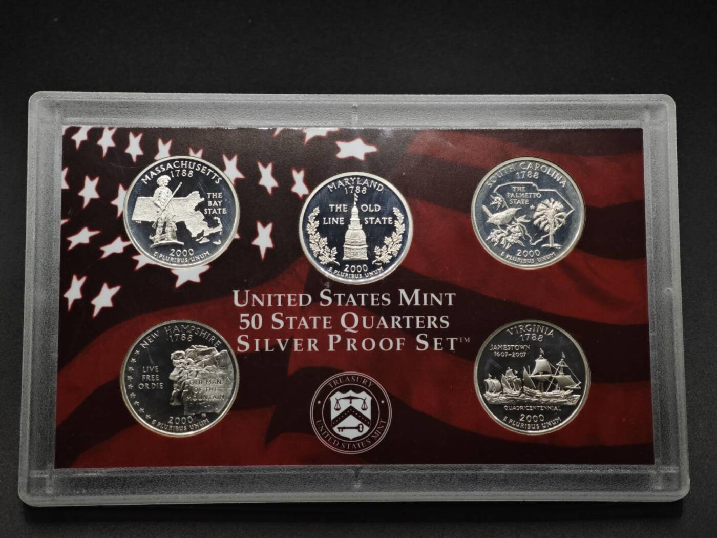 【淘币小摊】实时拍第八百零八拍   银币套币场   满百包邮可预留二周 每周一统一发货   美国2000年州币纪念精制银币5枚套每枚6.25克900银 银价321