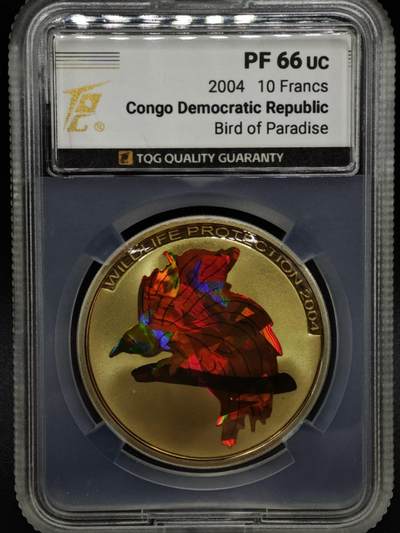 【淘币小摊】实时拍第八百零八拍   银币套币场   满百包邮可预留二周 每周一统一发货   - 2004年民主刚果10非洲法郎幻彩精制银币  野生动物保护-天堂鸟 25克925银 发行量：5千 TQG PF66UC