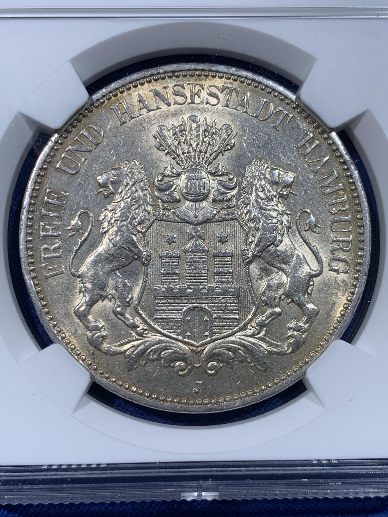 《竞宝斋》第442场 周日，周一，2场连拍 （全场包邮） NGC AU58 德国 汉堡  1913 双狮 5马克 品相不错 疑似低评