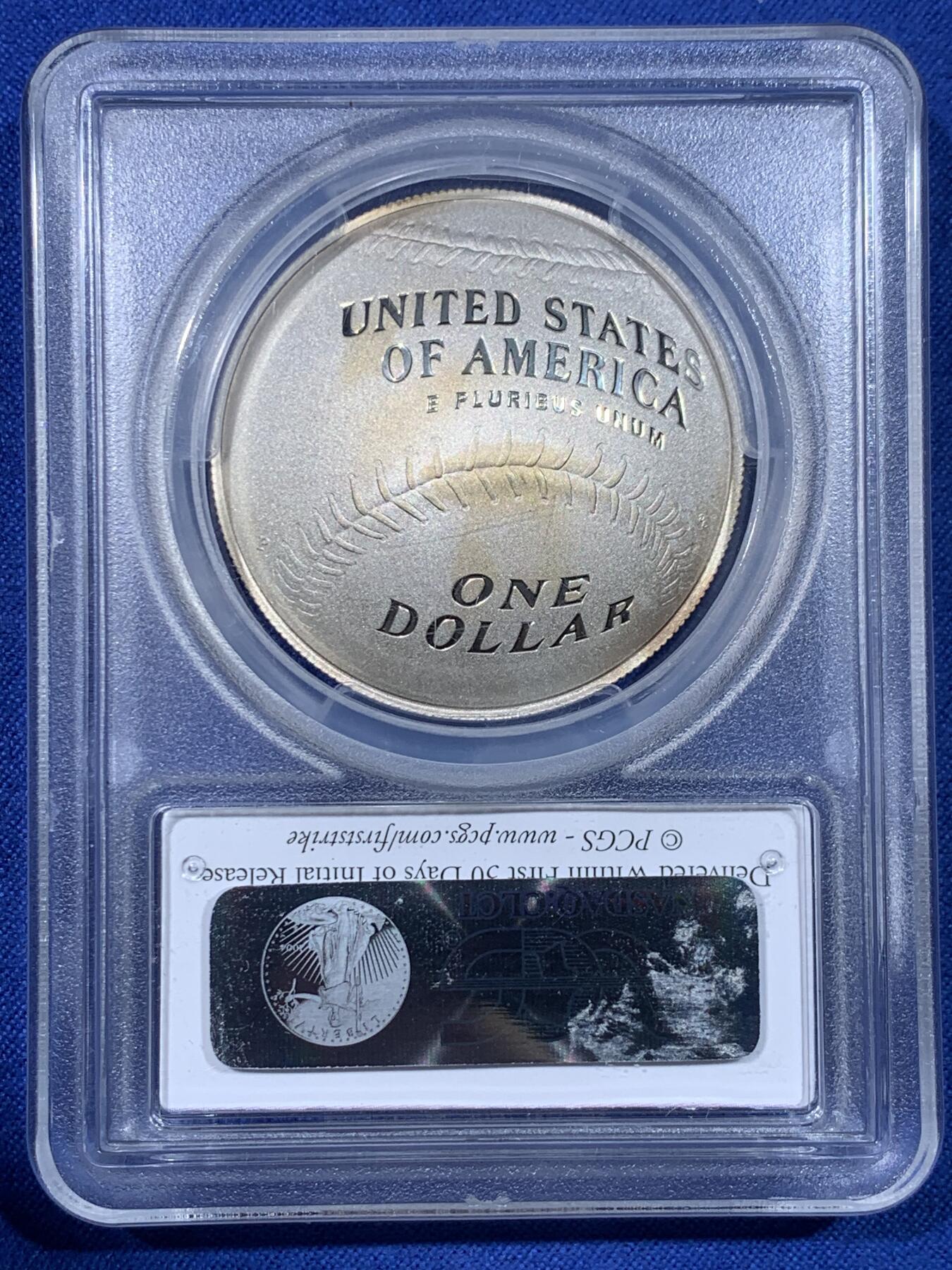 《竞宝斋》第442场 周日，周一，2场连拍 （全场包邮） PCGS PR69DCAM 美国2014年P版棒球名人堂1美元弧形大银币 加厚盒 细节见图