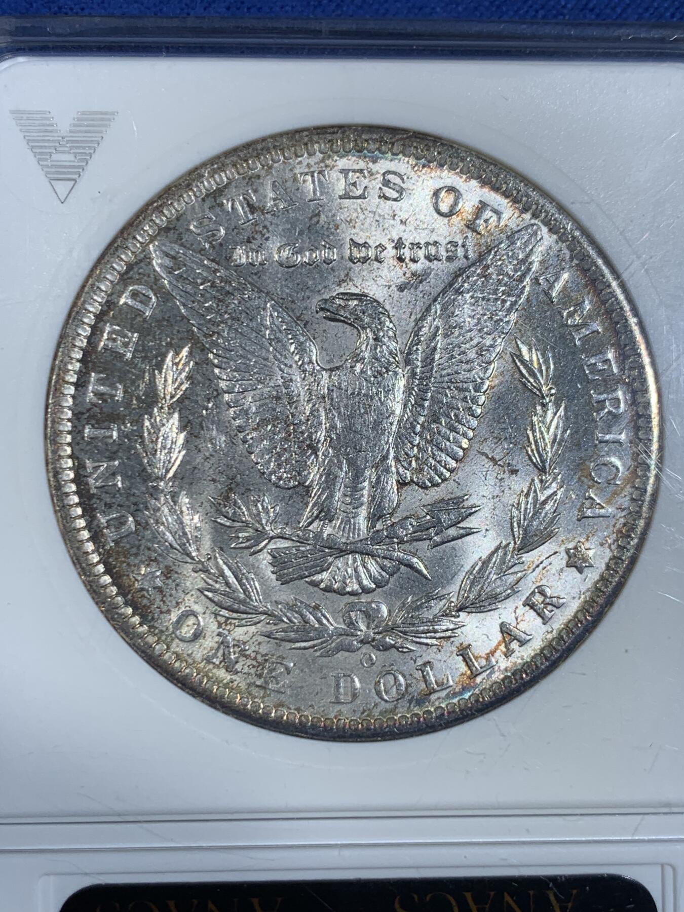 《竞宝斋》第442场 周日，周一，2场连拍 （全场包邮） ANACS MS62 肥皂盒 1885年美国摩根银币O厂  早期6位编码盒，ANACS最强严评，砸盒送评大概率跳分，两面带斑驳淡彩