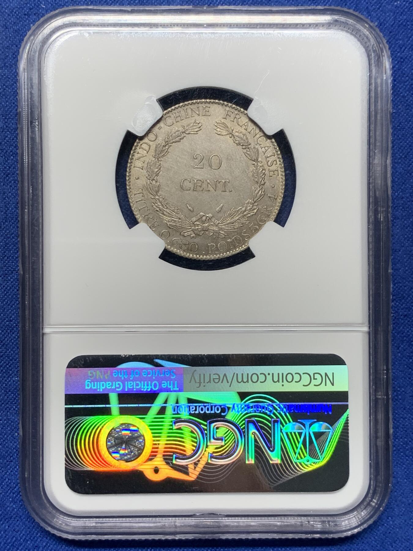 《竞宝斋》第442场 周日，周一，2场连拍 （全场包邮） NGC UNC 1937年法属印支20C坐洋银币，品相好。