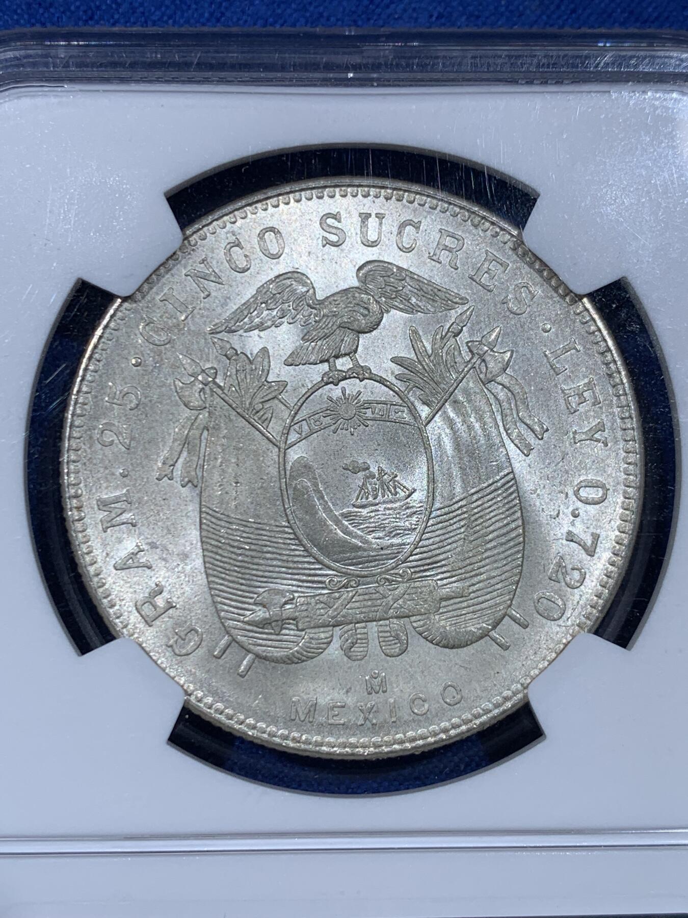 《竞宝斋》第442场 周日，周一，2场连拍 （全场包邮） NGC MS63 厄瓜多尔1944年5苏克雷大银币