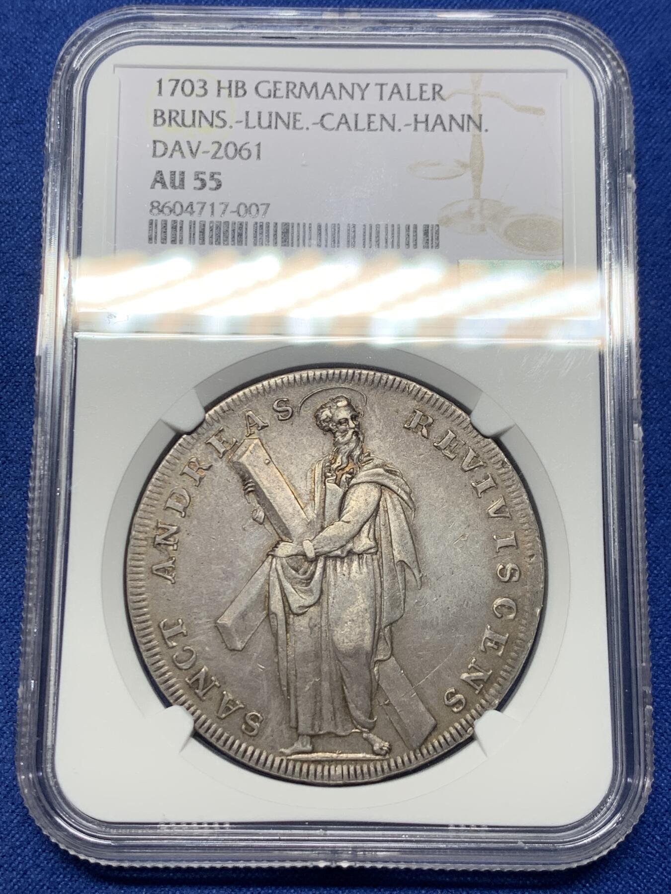 《竞宝斋》第442场 周日，周一，2场连拍 （全场包邮） NGC AU55 德国 1703年 布伦瑞克吕内堡 泰勒大银币 自然原味 这个时期的能有此状态 极好